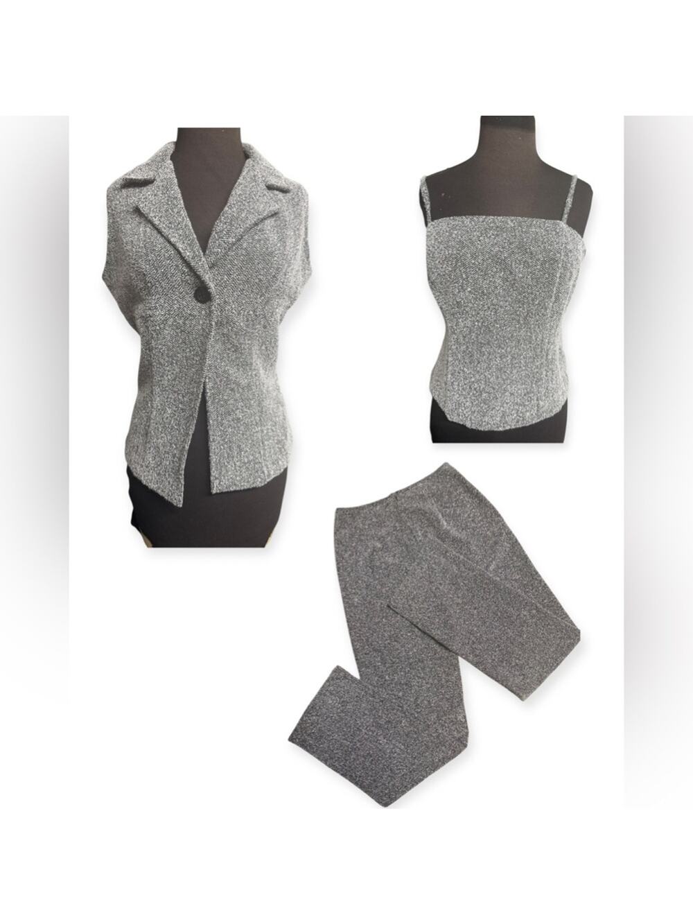 Y2K 3-Piece Strapless Top Vest Blazer Pant Set Gray Herringbone Made USA  Size S